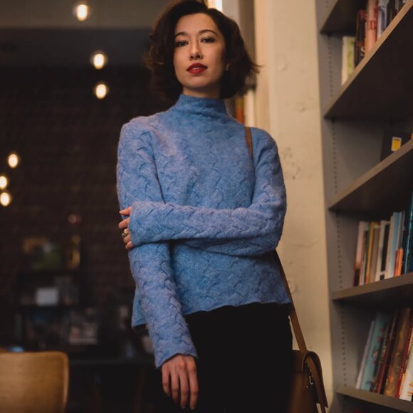 Aritzia Wilfred Free Blue Michal Wool Alpaca Blend Cable Knit Sweater XS - Picture 3 of 16